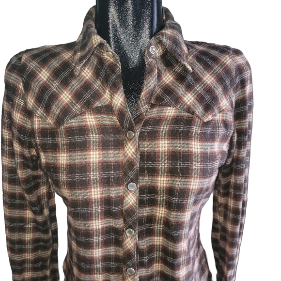 Bluenotes Brown and Tan Plaid Flannel Western Style Snap Button Shirt M - Picture 2 of 7